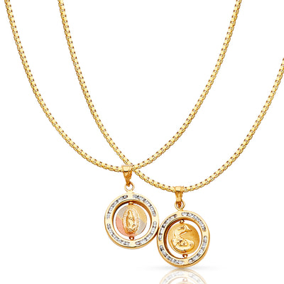 14K Gold Double Sided Round Religious Charm Pendant with 0.8mm Box Chain Necklace