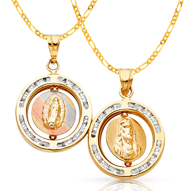 14K Gold Double Sided Round Pendant with 2mm Figaro 3+1 Chain