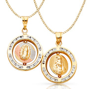 14K Gold Double Sided Round Pendant with 2.3mm Hollow Cuban Chain