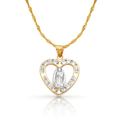 14K Gold Guadalupe CZ Charm Pendant with 0.9mm Singapore Chain Necklace