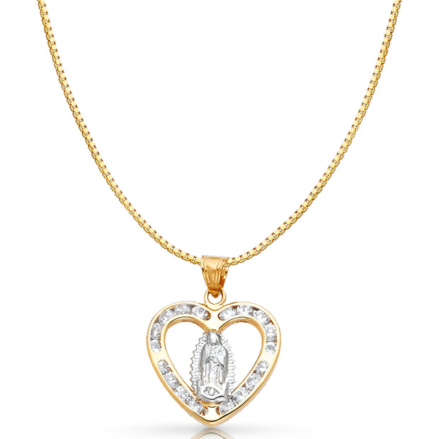 14K Gold Guadalupe CZ Religious Charm Pendant with 0.8mm Box Chain Necklace