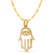 14K Gold Evil Eye CZ Charm Pendant with 2mm Figaro 3+1 Chain Necklace