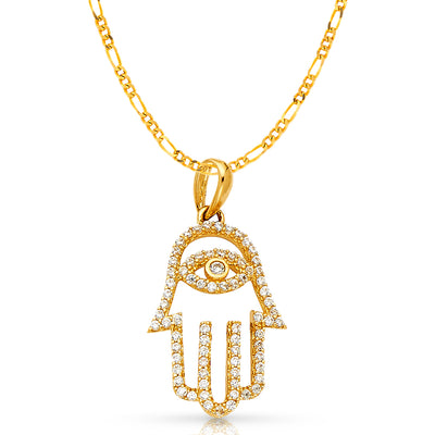 14K Gold Evil Eye CZ Charm Pendant with 2mm Figaro 3+1 Chain Necklace