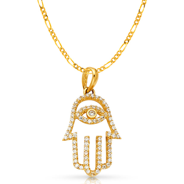 14K Gold Evil Eye CZ Charm Pendant with 2mm Figaro 3+1 Chain Necklace