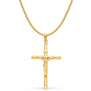 14K Gold Crucifix Pendant with 2mm Flat Open Wheat Chain