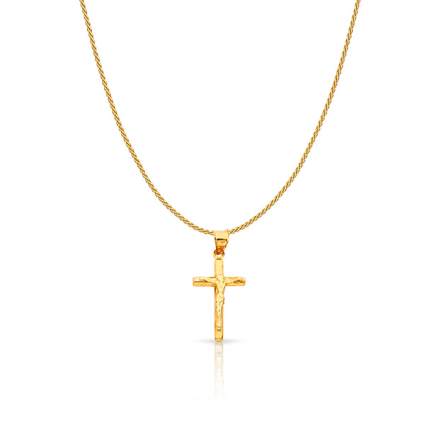 14K Gold Crucifix Charm Pendant with 0.9mm Wheat Chain Necklace