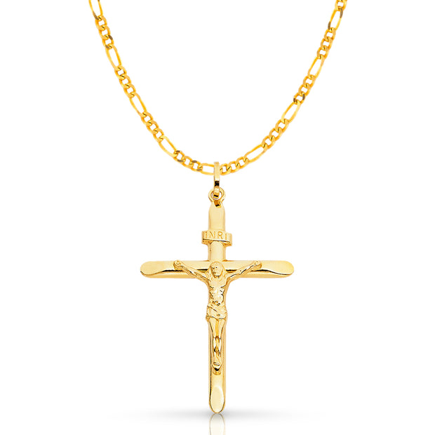 14K Gold Crucifix Pendant with 3.1mm Figaro 3+1 Chain