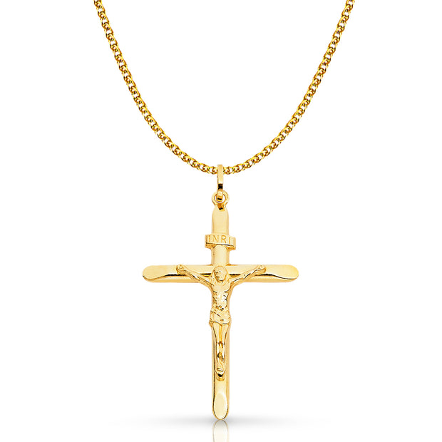 14K Gold Crucifix Pendant with 1.7mm Flat Open Wheat Chain