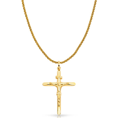 14K Gold Crucifix Charm Pendant with 1.4mm Round Wheat Chain Necklace