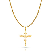 14K Gold Crucifix Charm Pendant with 1.4mm Round Wheat Chain Necklace