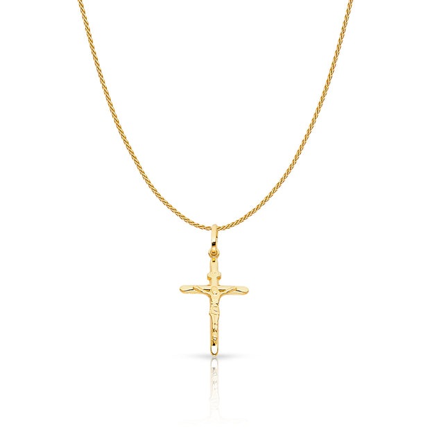 14K Gold Crucifix Charm Pendant with 0.9mm Wheat Chain Necklace