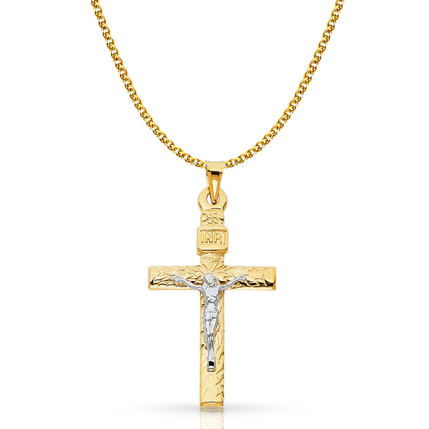 14K Gold Crucifix Pendant with 1.7mm Flat Open Wheat Chain