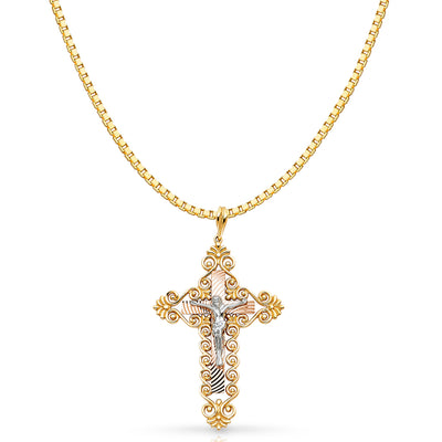 14K Gold Religious Crucifix Charm Pendant with 1.2mm Box Chain Necklace