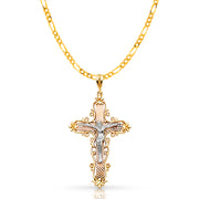 14K Gold Crucifix Pendant with 2.3mm Figaro 3+1 Chain