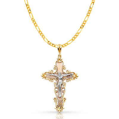 14K Gold Crucifix Pendant with 2.3mm Figaro 3+1 Chain