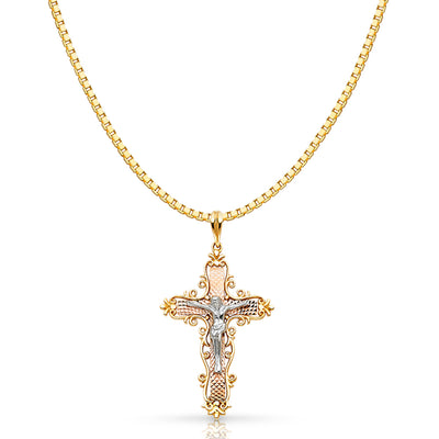 14K Gold Religious Crucifix Charm Pendant with 1.2mm Box Chain Necklace