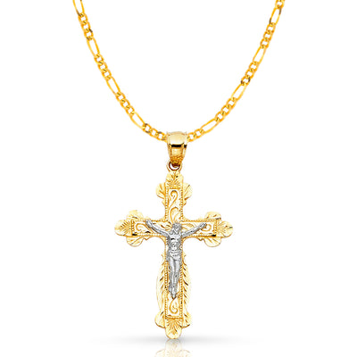 14K Gold Crucifix Pendant with 2.3mm Figaro 3+1 Chain