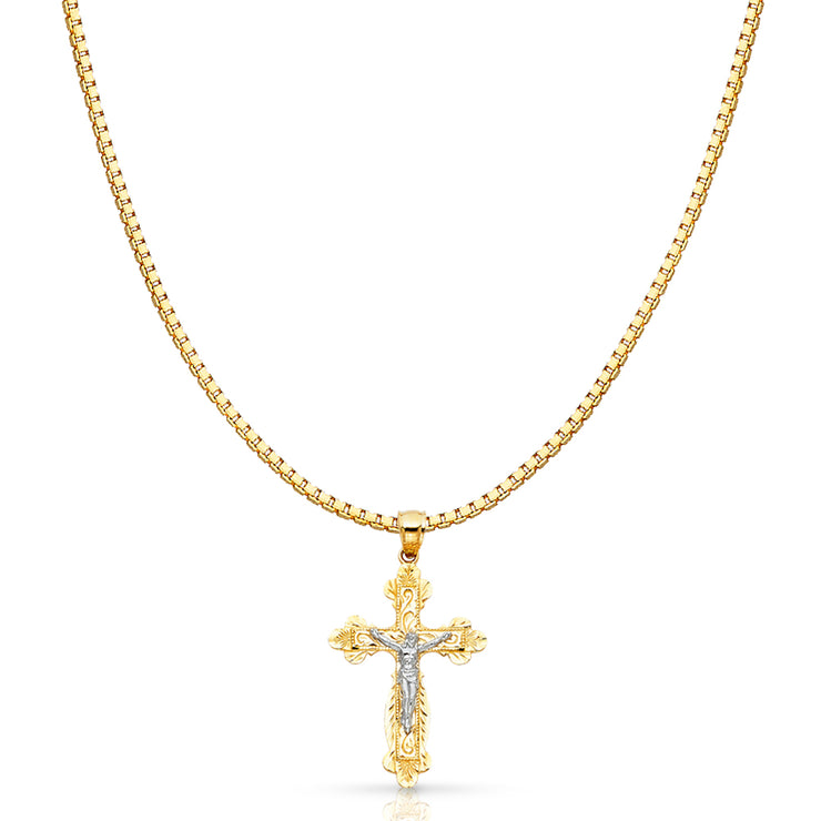 14K Gold Religious Crucifix Charm Pendant with 1.2mm Box Chain Necklace