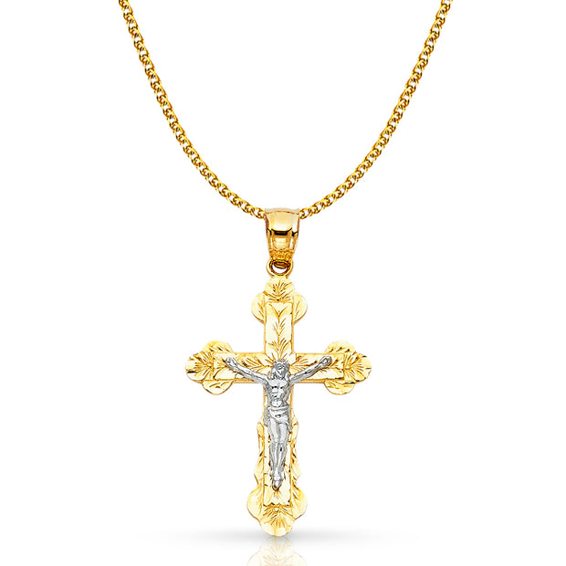 14K Gold Crucifix Pendant with 1.5mm Flat Open Wheat Chain