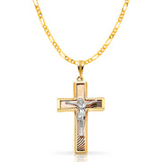 14K Gold Crucifix Pendant with 2.3mm Figaro 3+1 Chain