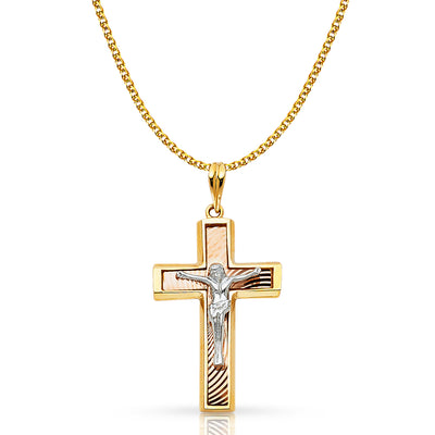 14K Gold Crucifix Pendant with 1.7mm Flat Open Wheat Chain