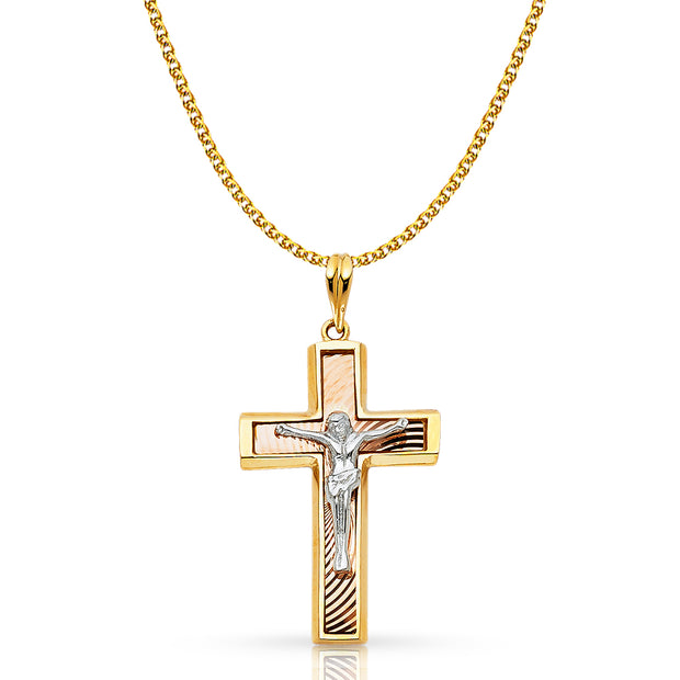 14K Gold Crucifix Pendant with 1.7mm Flat Open Wheat Chain