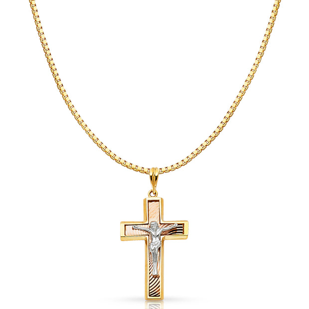 14K Gold Religious Crucifix Charm Pendant with 1.2mm Box Chain Necklace