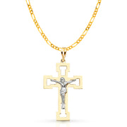 14K Gold Crucifix Pendant with 2.3mm Figaro 3+1 Chain