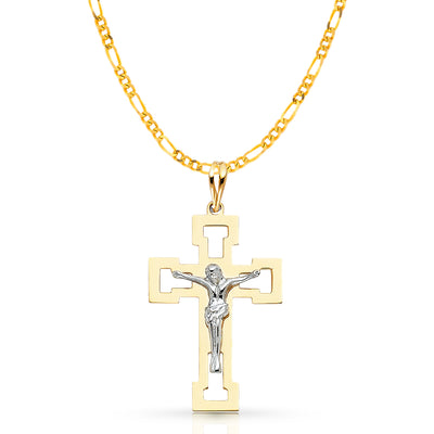 14K Gold Crucifix Pendant with 2.3mm Figaro 3+1 Chain