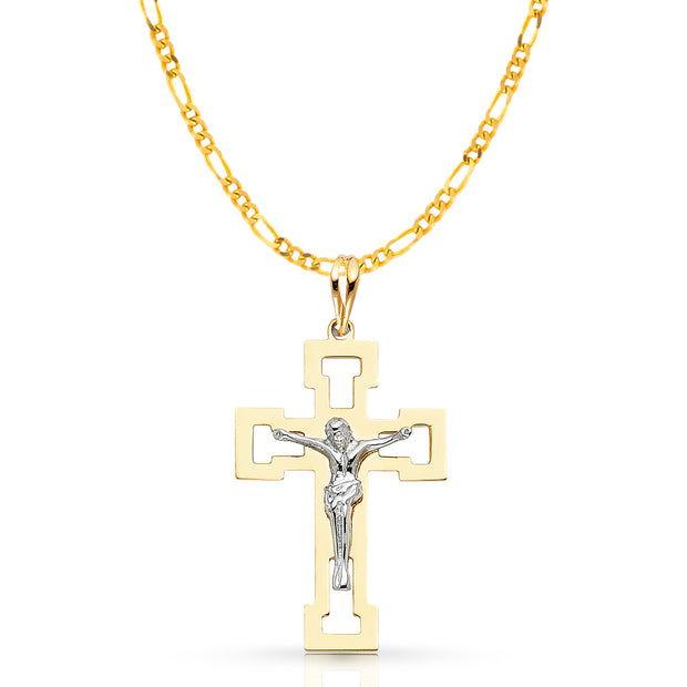 14K Gold Crucifix Pendant with 2.3mm Figaro 3+1 Chain