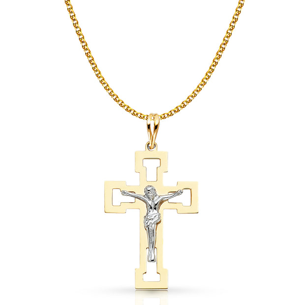 14K Gold Crucifix Pendant with 1.5mm Flat Open Wheat Chain