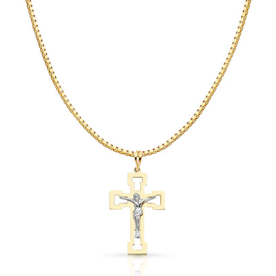 14K Gold Religious Crucifix Charm Pendant with 1.2mm Box Chain Necklace