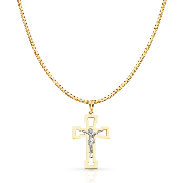 14K Gold Religious Crucifix Charm Pendant with 1.2mm Box Chain Necklace