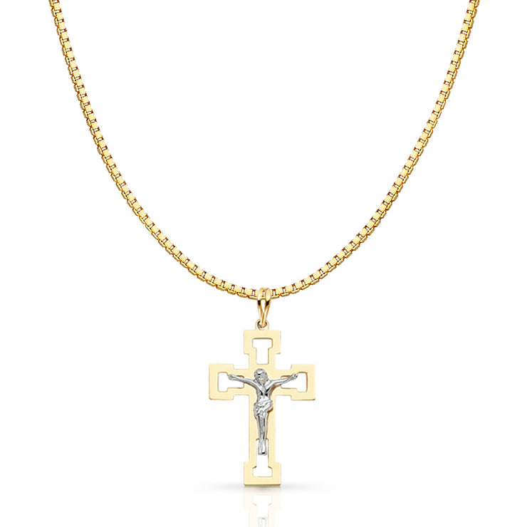 14K Gold Religious Crucifix Charm Pendant with 1.2mm Box Chain Necklace