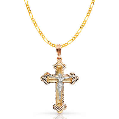 14K Gold Crucifix Pendant with 2.3mm Figaro 3+1 Chain