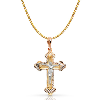 14K Gold Crucifix Pendant with 1.5mm Flat Open Wheat Chain