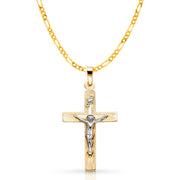 14K Gold Crucifix Pendant with 2.3mm Figaro 3+1 Chain
