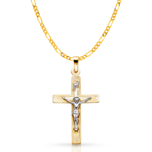 14K Gold Crucifix Pendant with 2.3mm Figaro 3+1 Chain