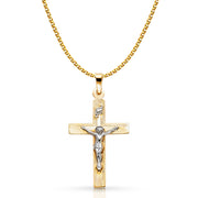 14K Gold Crucifix Pendant with 1.5mm Flat Open Wheat Chain