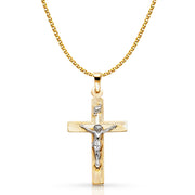 14K Gold Crucifix Pendant with 1.5mm Flat Open Wheat Chain