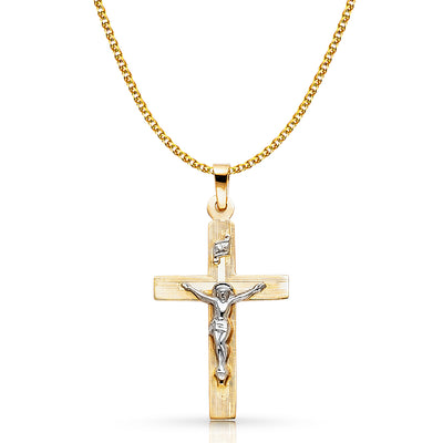 14K Gold Crucifix Pendant with 1.5mm Flat Open Wheat Chain