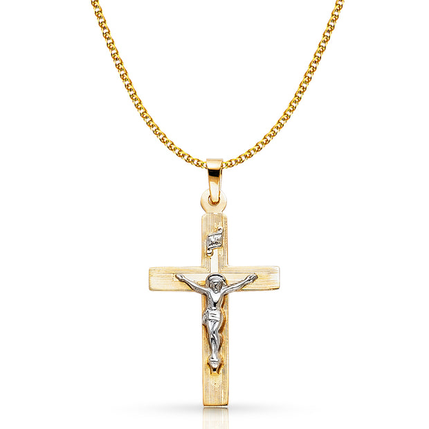 14K Gold Crucifix Pendant with 1.5mm Flat Open Wheat Chain