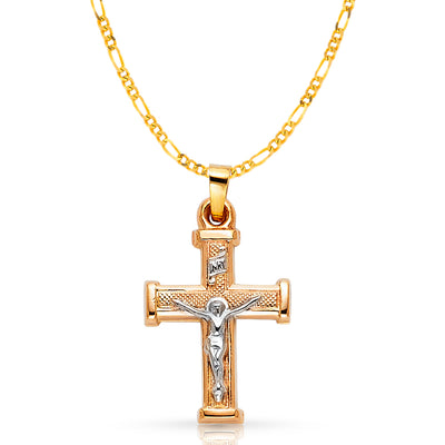 14K Gold Crucifix Pendant with 2.3mm Figaro 3+1 Chain