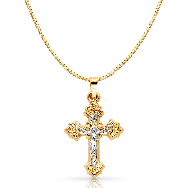 14K Gold Religious Crucifix Charm Pendant with 0.8mm Box Chain Necklace