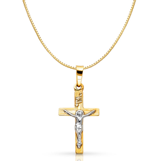 14K Gold Religious Crucifix Charm Pendant with 0.8mm Box Chain Necklace