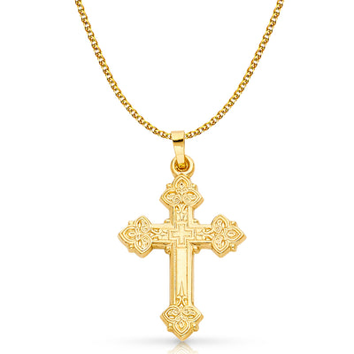 14K Gold Cross Charm Pendant with 1.5mm Flat Open Wheat Chain Necklace