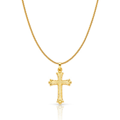 14K Gold Cross Charm Pendant with 1.1mm Wheat Chain Necklace