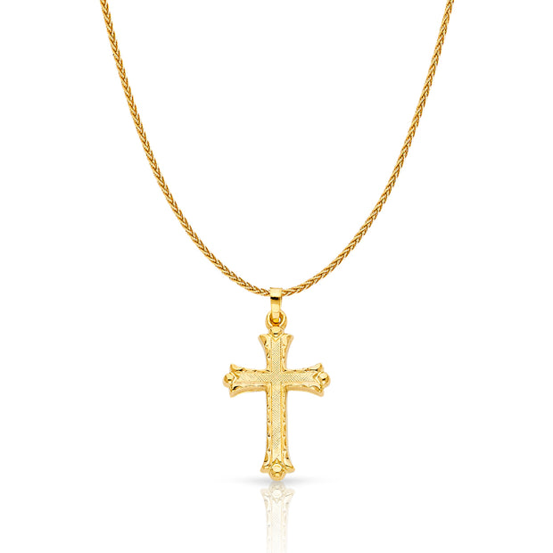 14K Gold Cross Charm Pendant with 1.1mm Wheat Chain Necklace