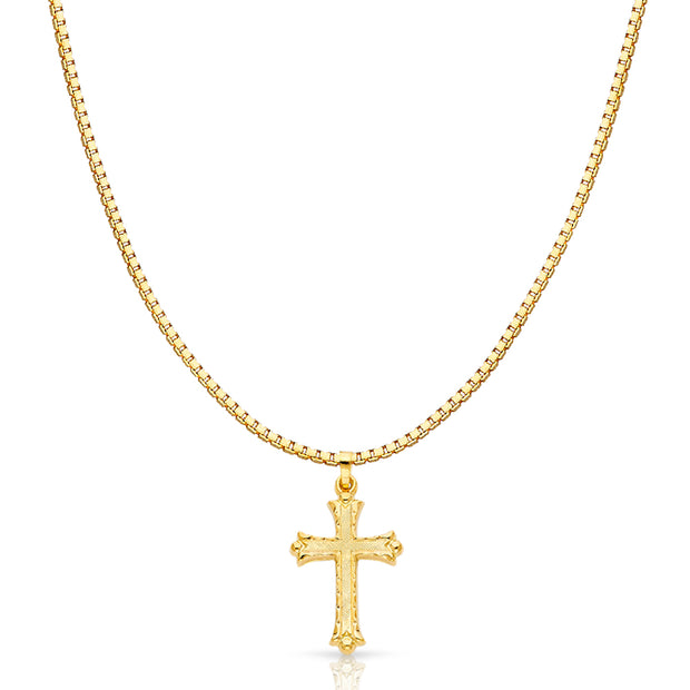 14K Gold Religious Cross Charm Pendant with 1.2mm Box Chain Necklace