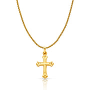 14K Gold Cross Charm Pendant with 1.1mm Wheat Chain Necklace